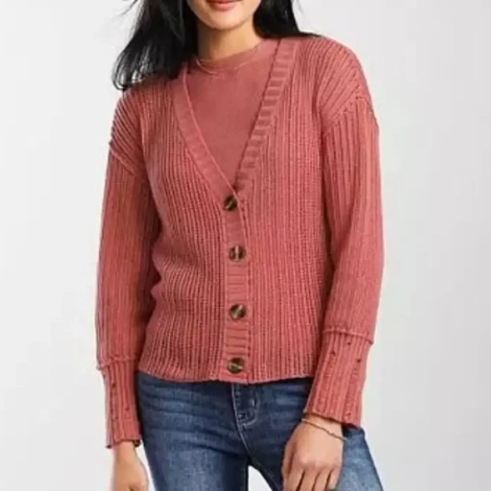 BKE Buckle Pink Button Up Knit Pointelle Tank & Cardigan Sweater Set Medium